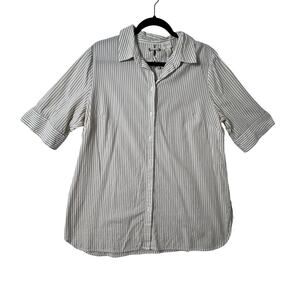 CHICOS Womens Size 2 Taupe White Stripe Button Shirt 3 4 Sleeve Lace Up Back